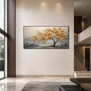 Textured botanical artwork displayed in a spacious modern foyer.