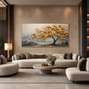 Golden floral tree artwork in a sophisticated hotel lounge.