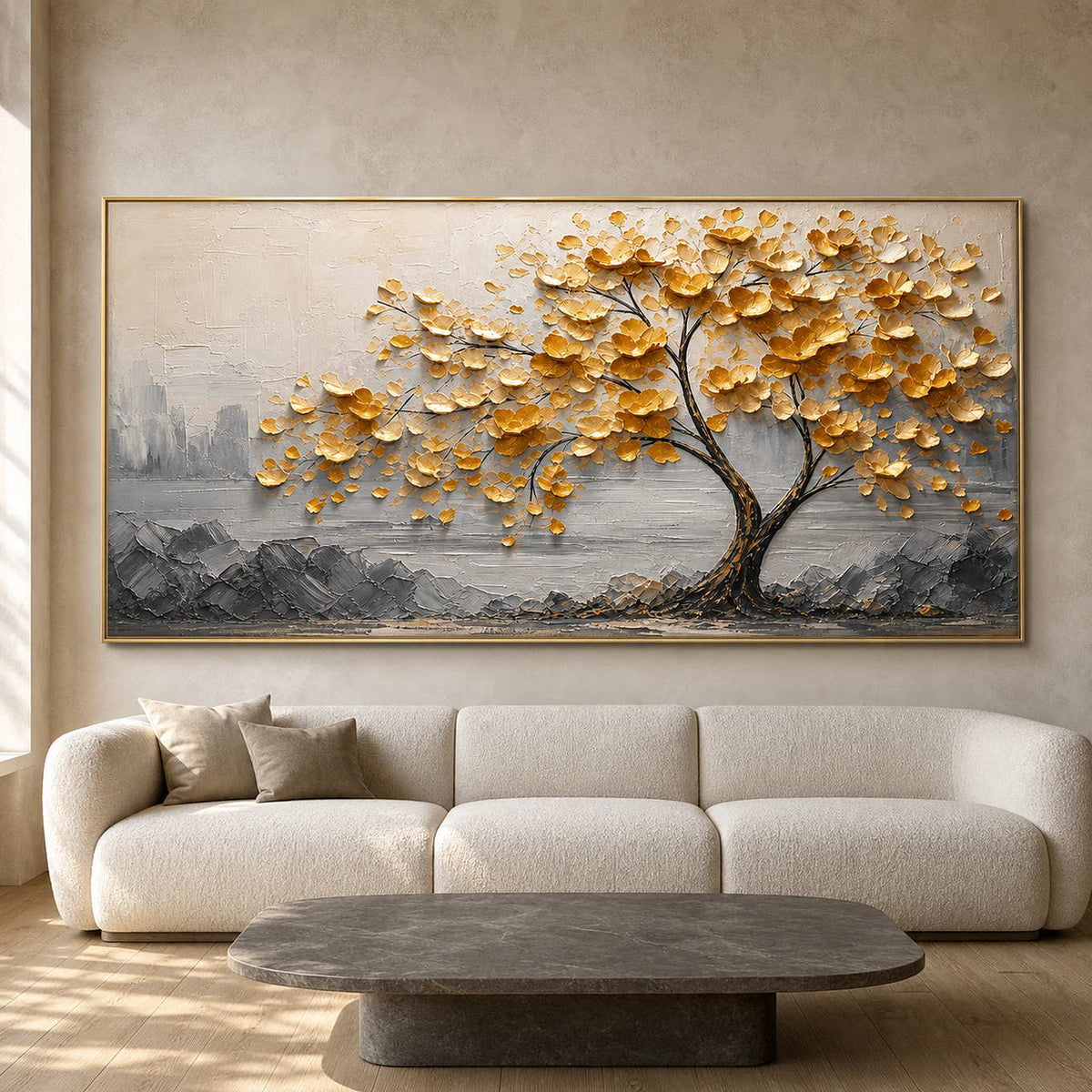 Hand-painted golden tree artwork in a warm neutral living room.