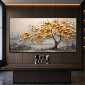 Textured golden tree wall art in a dark modern office.