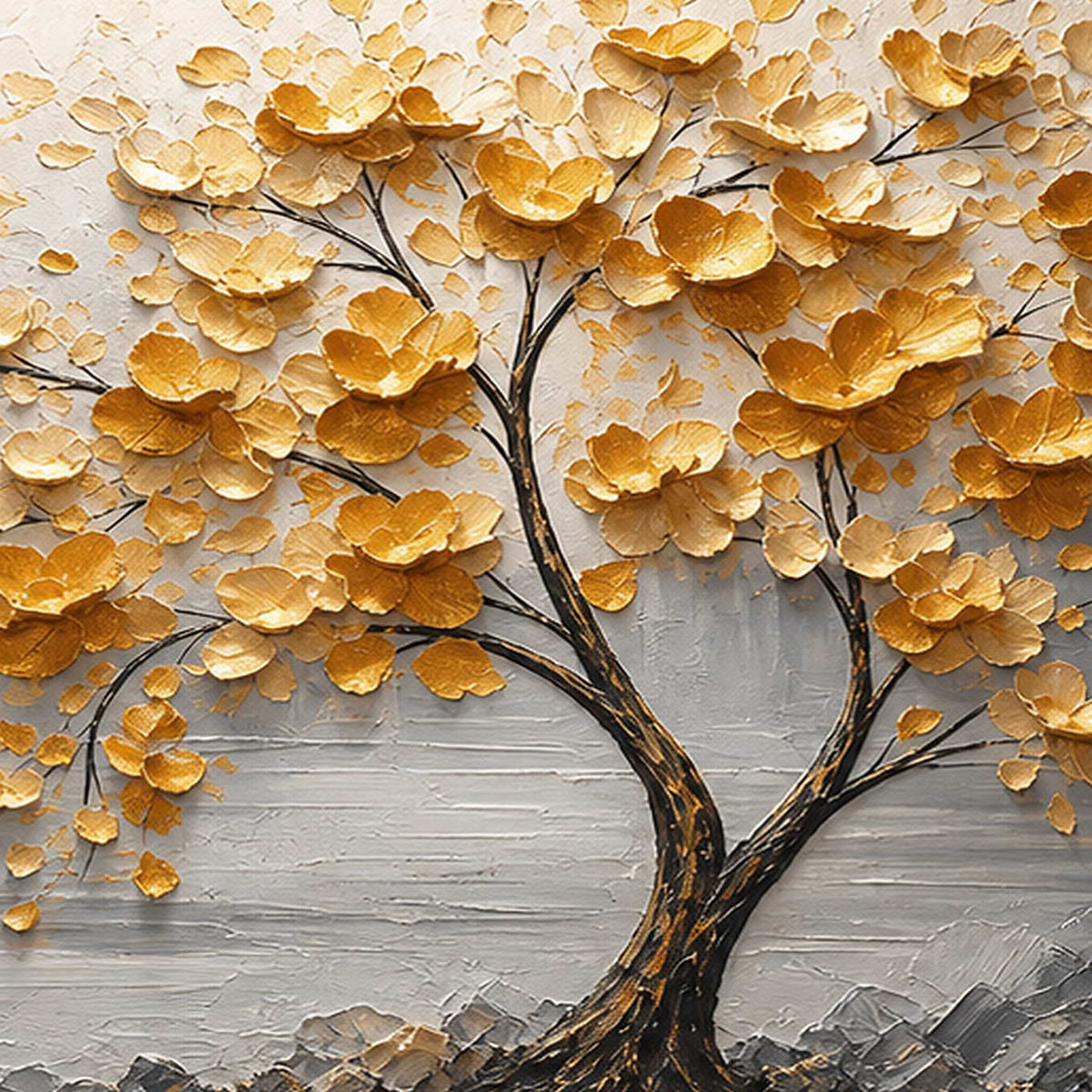 Close-up of sculpted golden blossoms and layered charcoal texture.