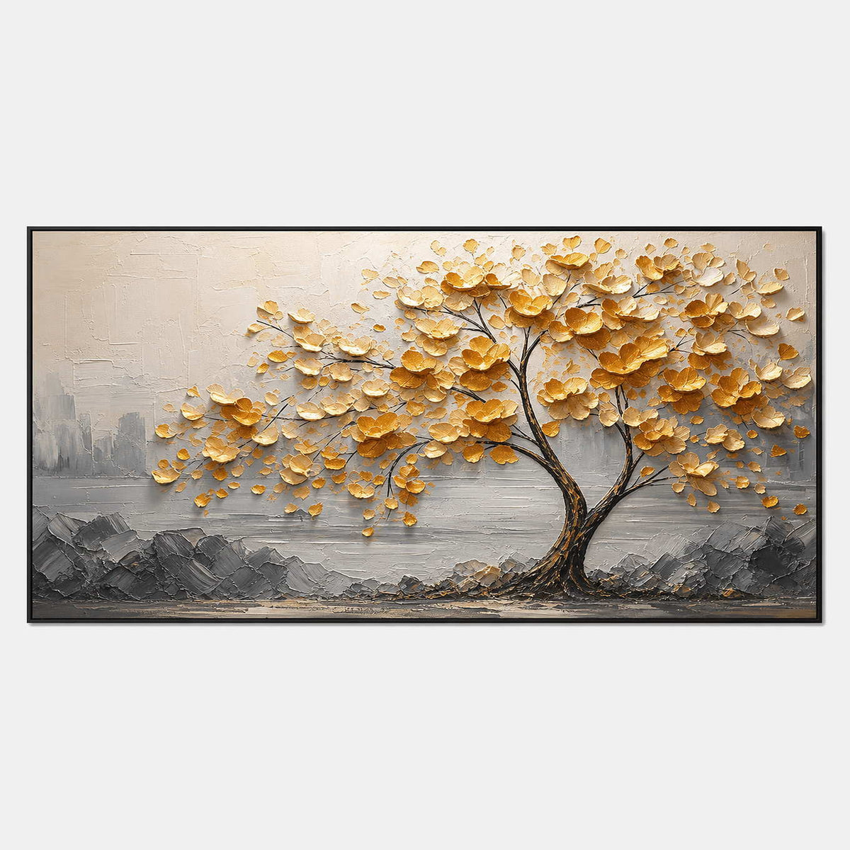 Textured botanical wall art with golden blossoms and charcoal ridges.