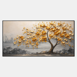 Textured botanical wall art with golden blossoms and charcoal ridges.