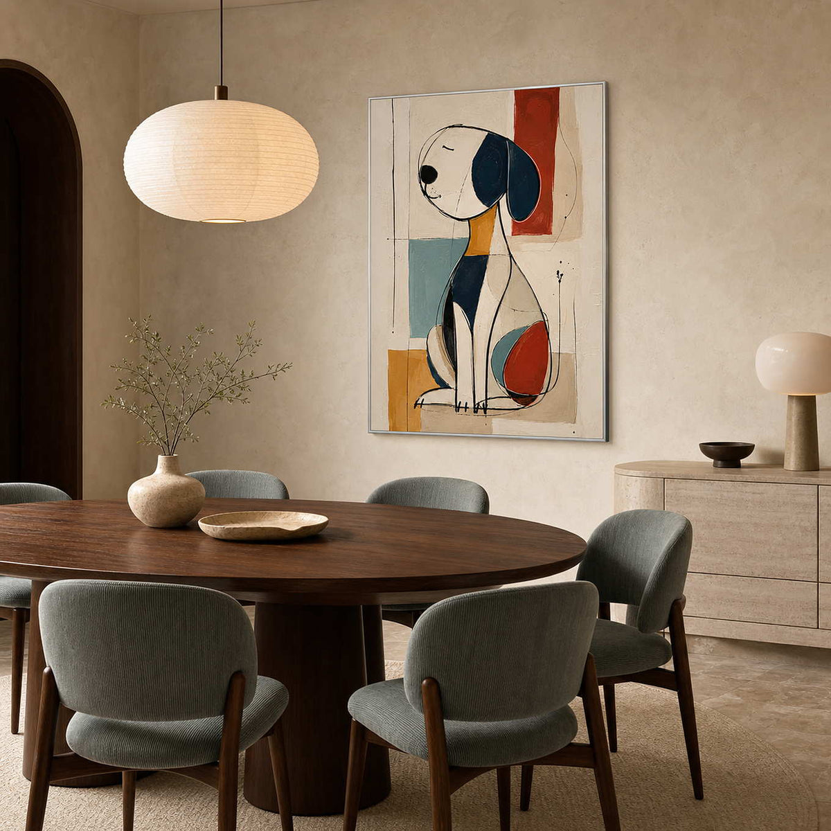 Modern abstract dog wall art displayed in a refined dining room.