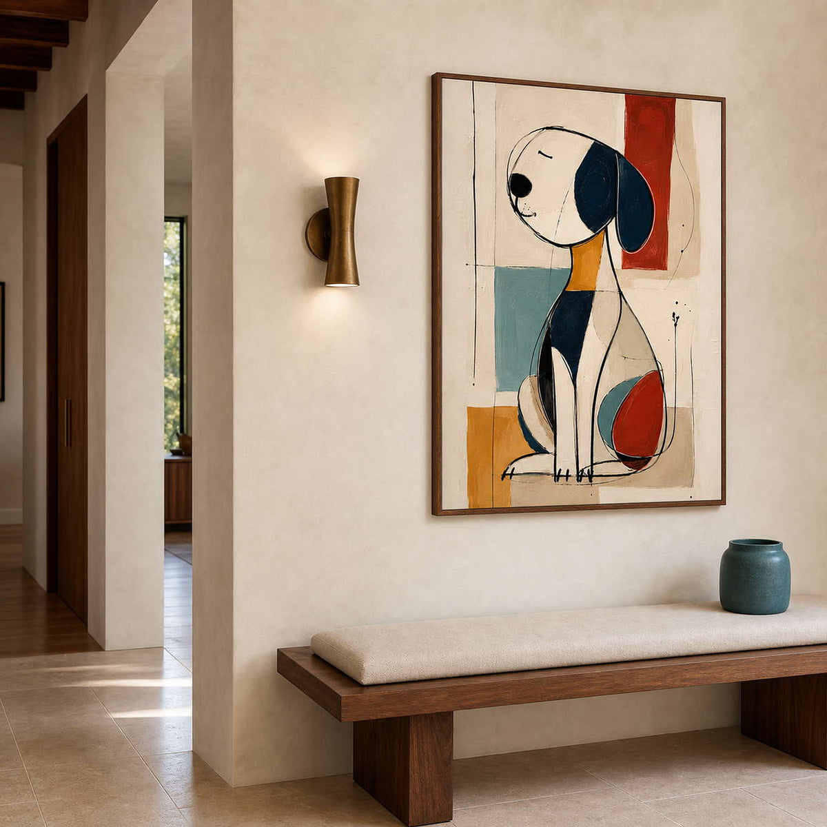 Modern abstract dog wall art displayed in a residential gallery hallway.