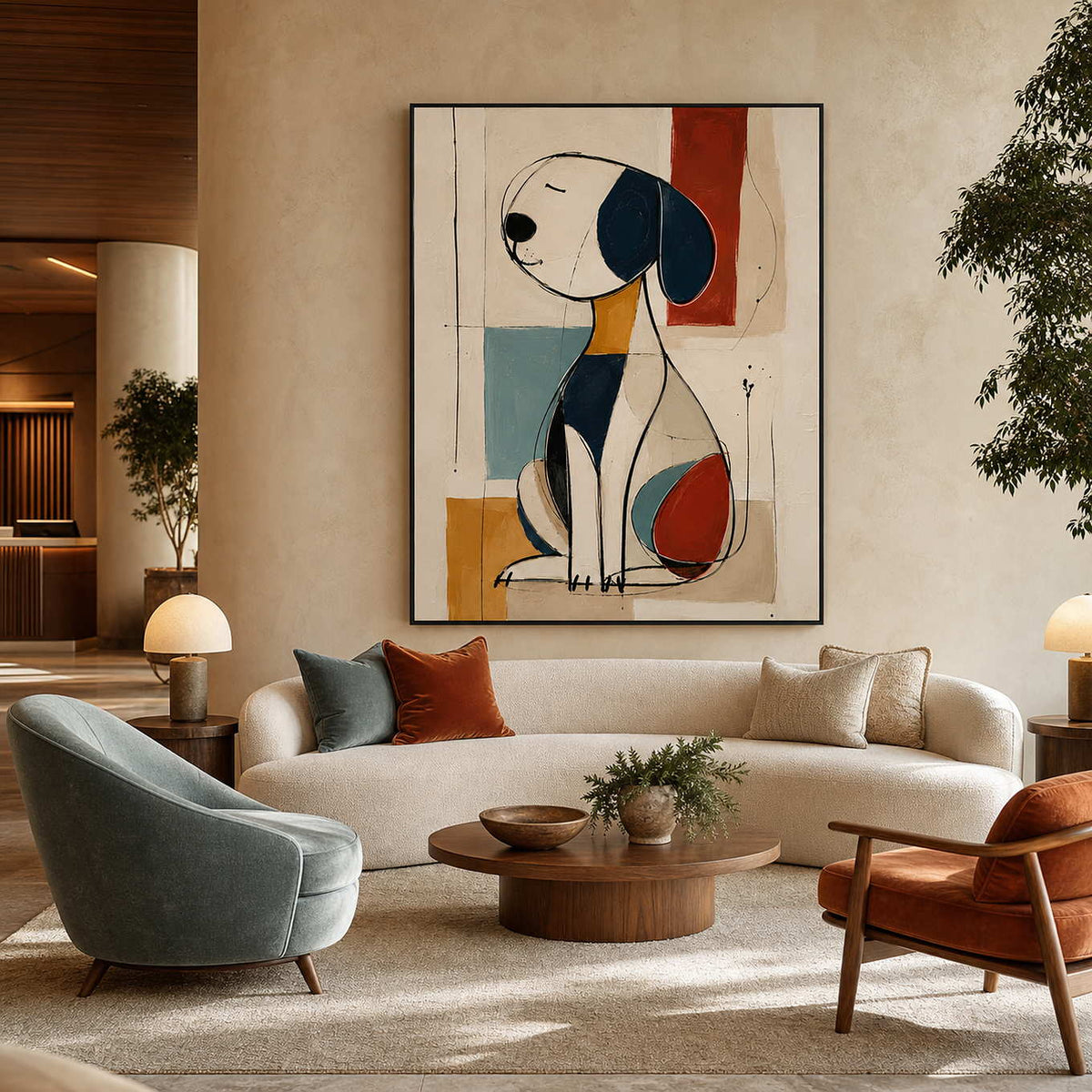 Modern abstract dog wall art displayed in a pet friendly hotel lounge.