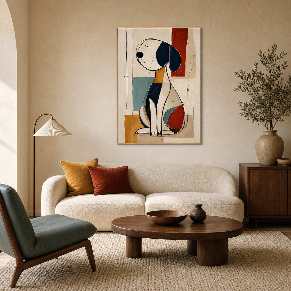 Modern abstract dog wall art displayed in a warm living room.