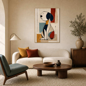 Modern abstract dog wall art displayed in a warm living room.
