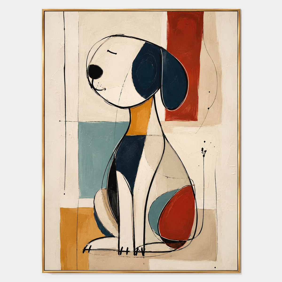 Modern abstract dog wall art in navy rust ochre and ivory.