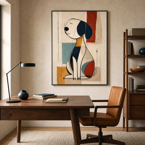 Modern abstract dog wall art displayed in a creative home office.