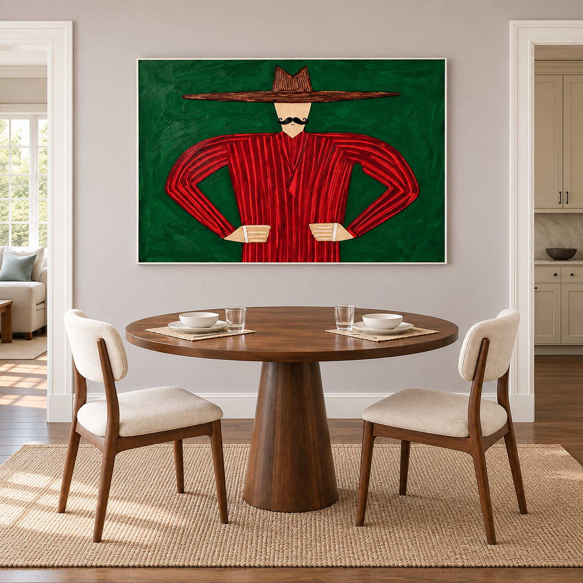 Hands-at-waist figure artwork behind a round dining table and two cream chairs.