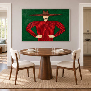 Hands-at-waist figure artwork behind a round dining table and two cream chairs.