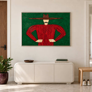 Red-striped figure above a rounded cream cabinet beside an entryway stool.