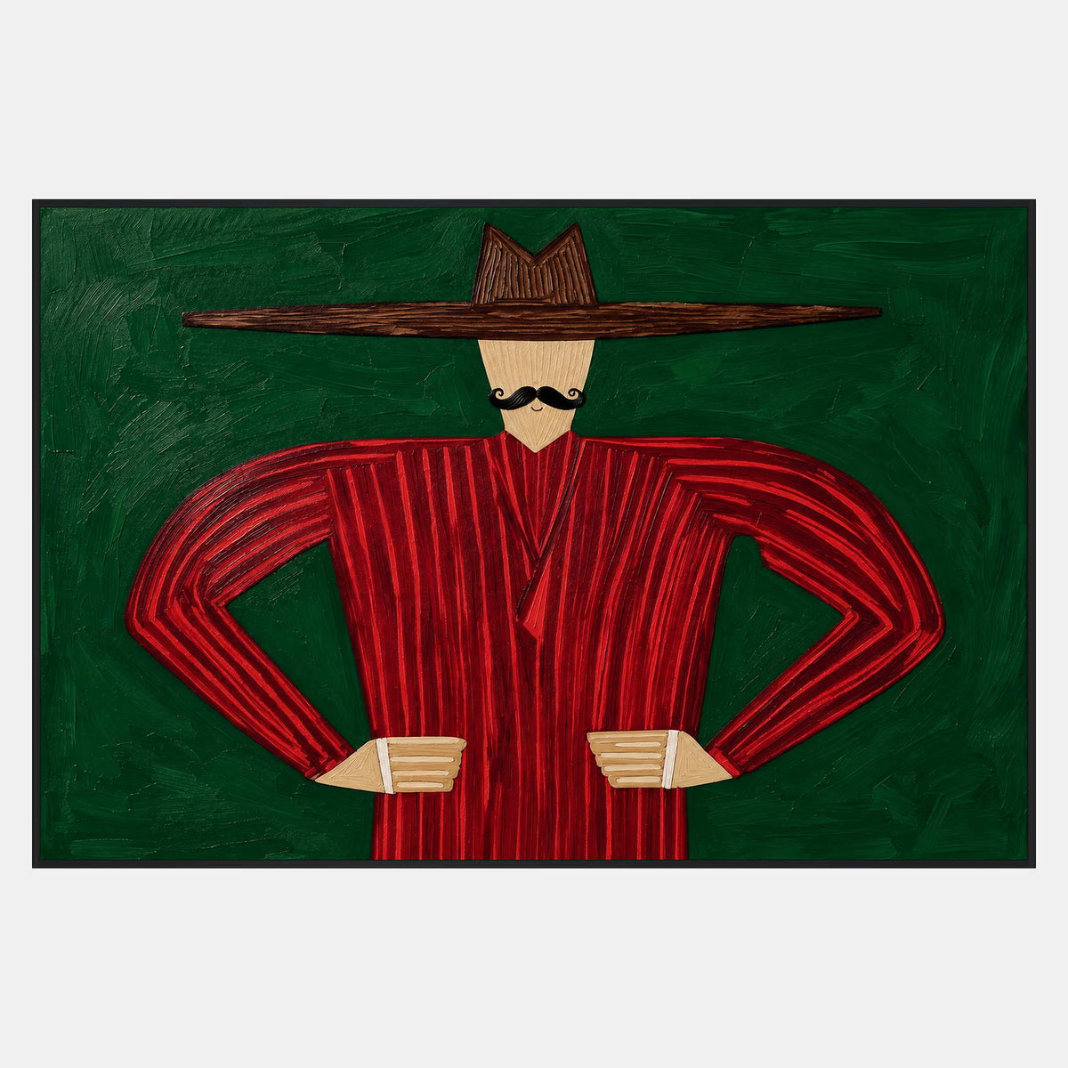 Front-facing figure with curled moustache, wide brown hat, and red striped clothing, hands at waist against green.