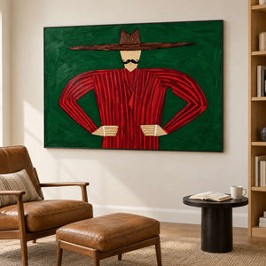 Broad-hat figure painting beside a brown lounge chair and matching ottoman.