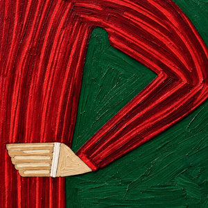 Close-up of a pale hand at the waist and raised red stripes around a bent elbow.