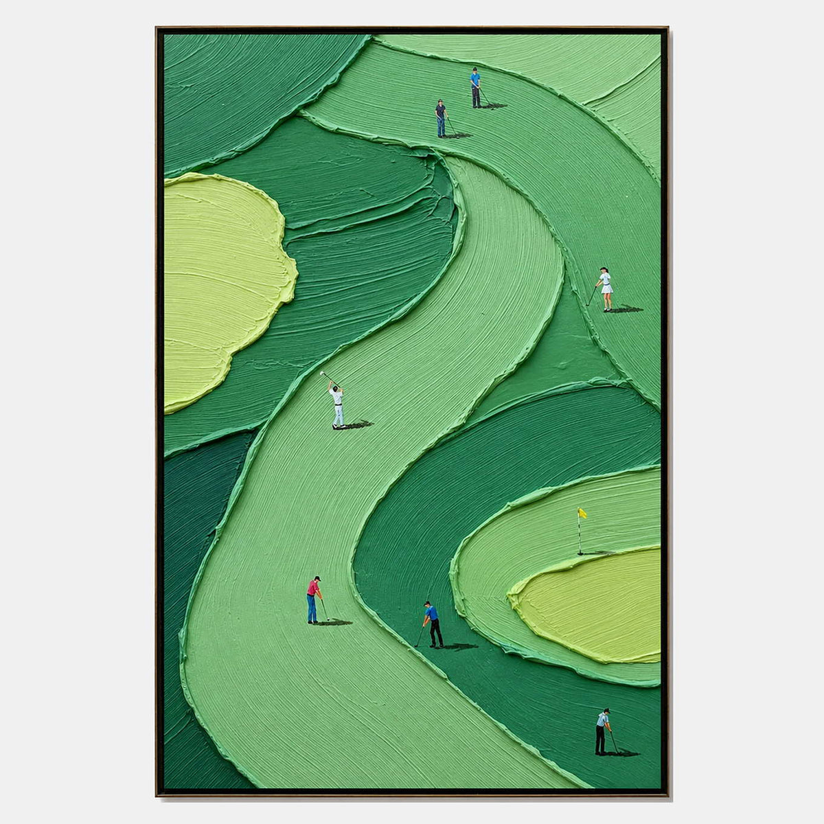 Hand-painted modern golf wall art with green, black, and warm tones tones.