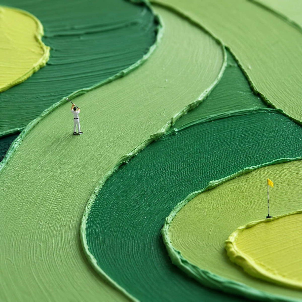 Close-up of raised hand-painted texture in green, black, and warm tones.