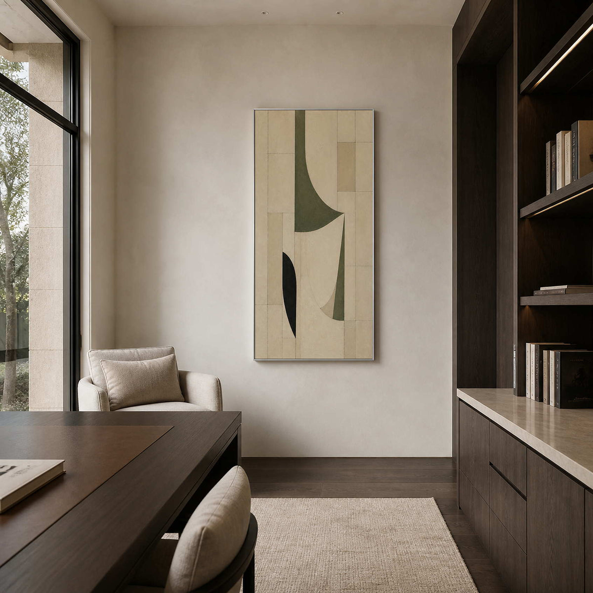 Vertical abstract painting displayed in a charcoal oak home office.