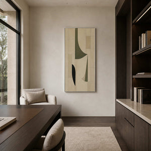 Vertical abstract painting displayed in a charcoal oak home office.