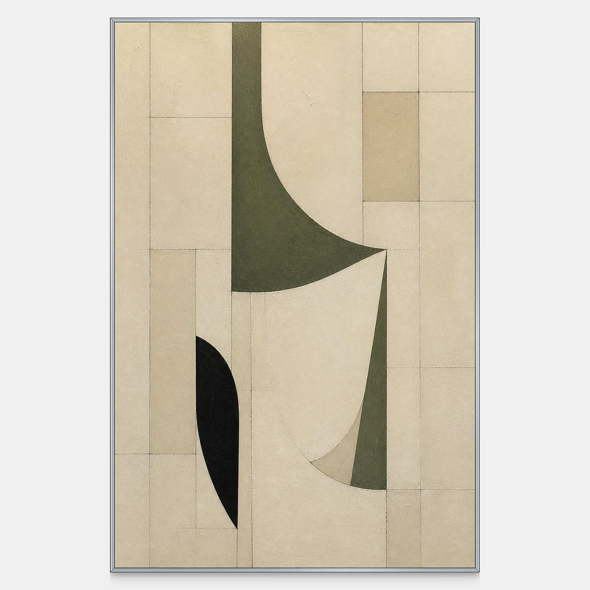 Hand-painted vertical abstract canvas in olive green, ivory, and black.