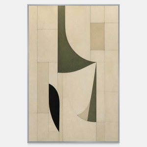Hand-painted vertical abstract canvas in olive green, ivory, and black.