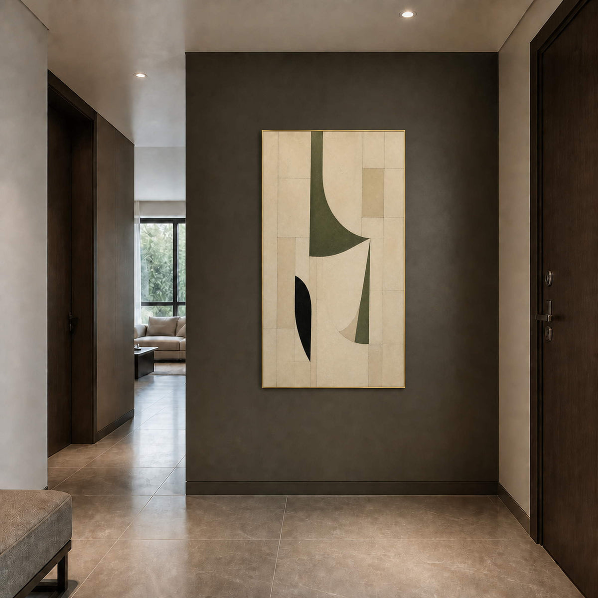 Olive and ivory artwork viewed in a quiet residential entry hall.
