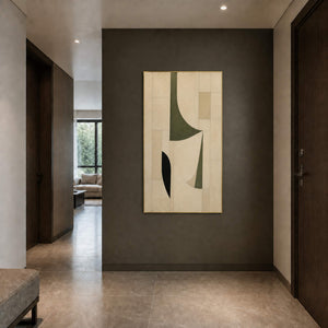 Olive and ivory artwork viewed in a quiet residential entry hall.