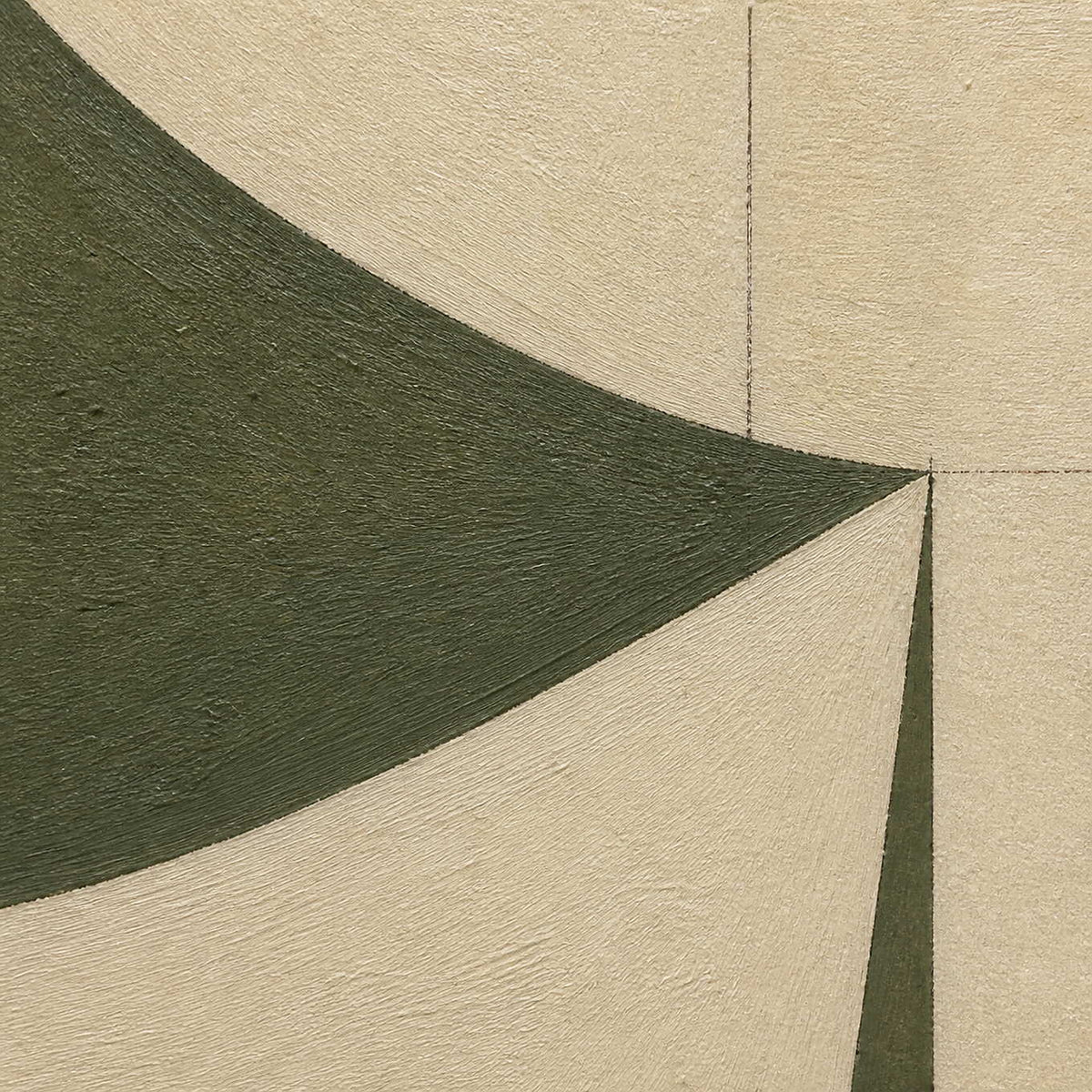 Close-up of olive and ivory geometric forms with fine painted texture.