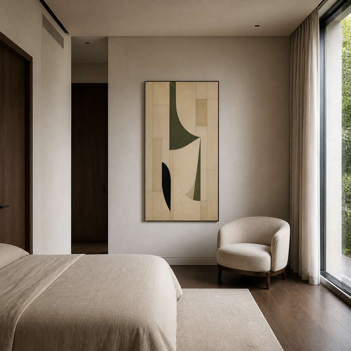 Minimalist olive canvas styled beside a soft sand bedroom reading chair.
