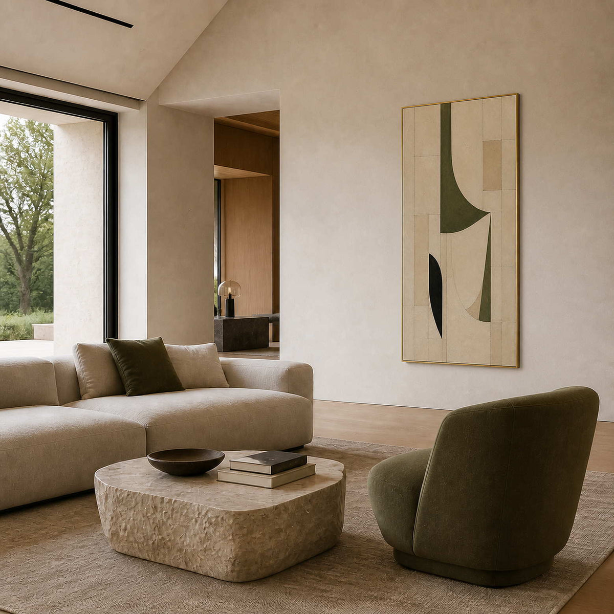 Olive geometric wall art displayed in a warm ivory stone living room.