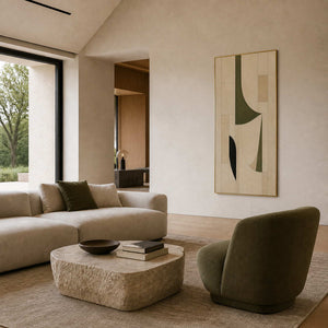 Olive geometric wall art displayed in a warm ivory stone living room.