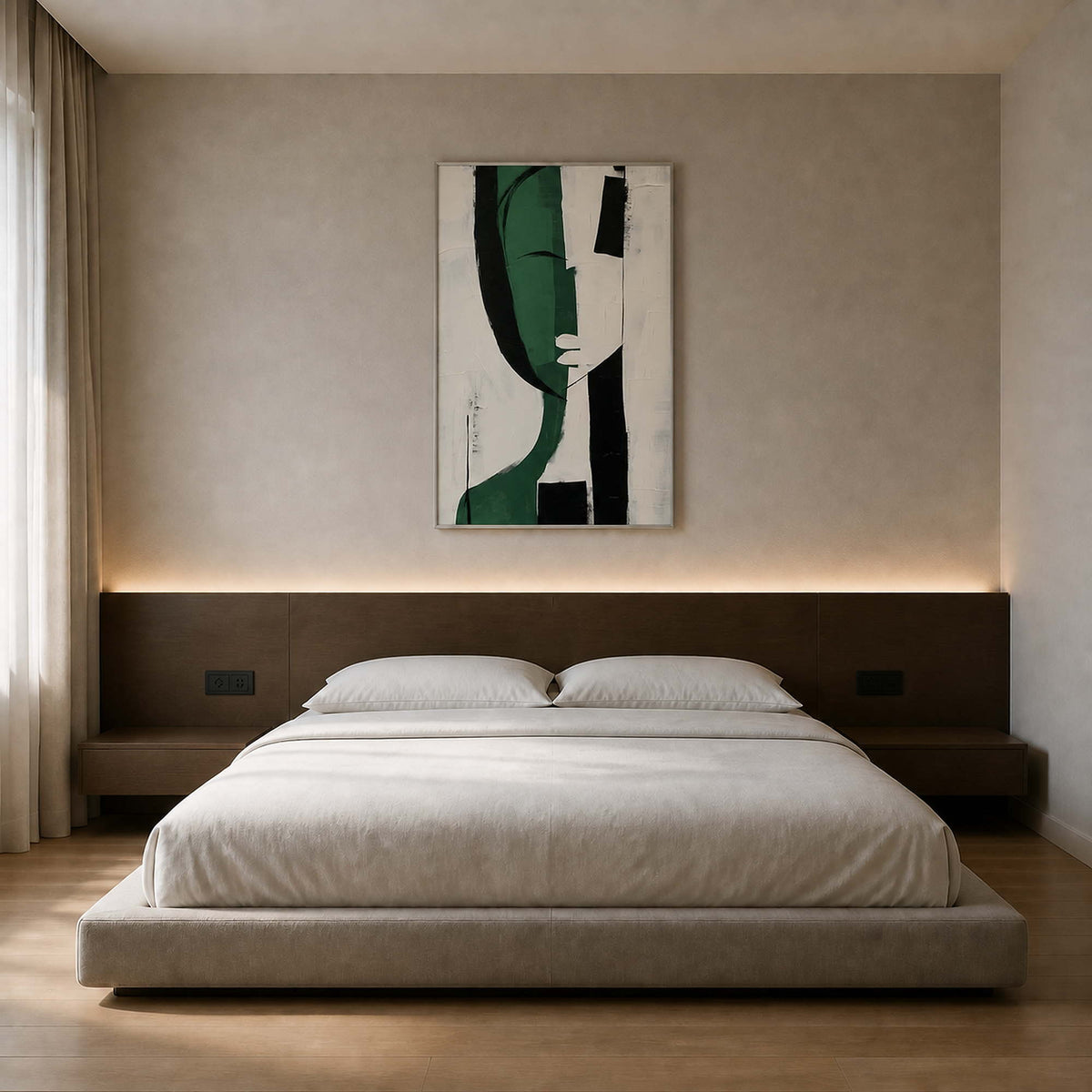 Vertical green and white canvas above a serene modern bed.