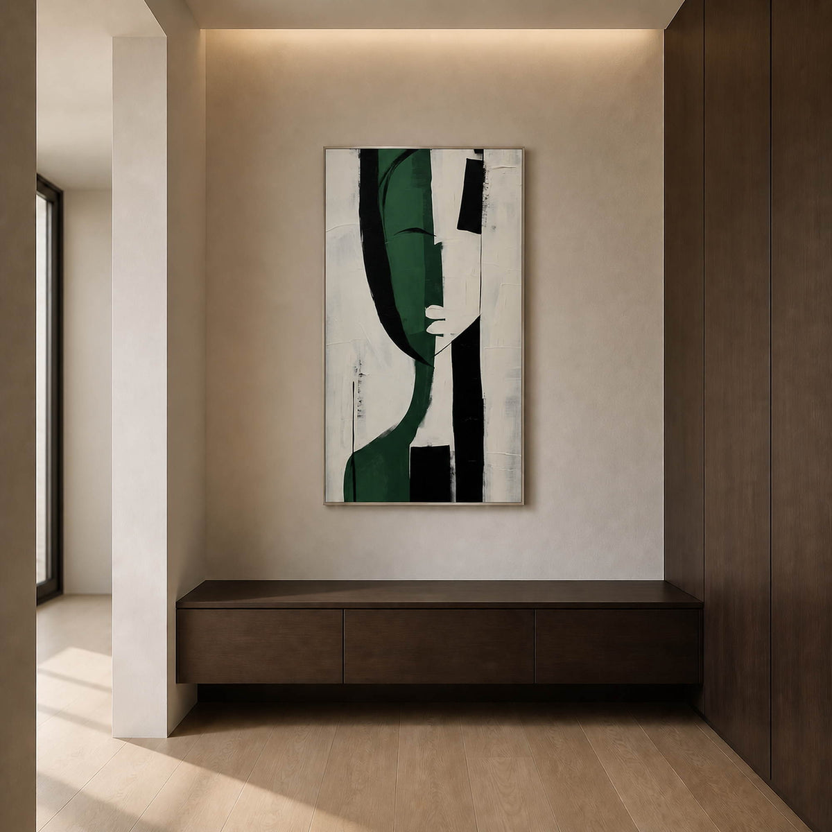 Modern figurative abstract wall art in a warm wood entryway.