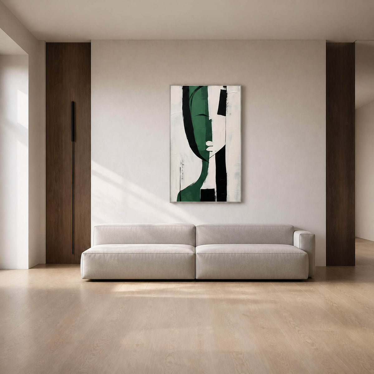 Green and black modern abstract wall art in a warm living room.