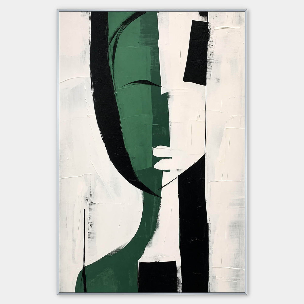 Hand-painted vertical canvas with deep green, black, and white forms.