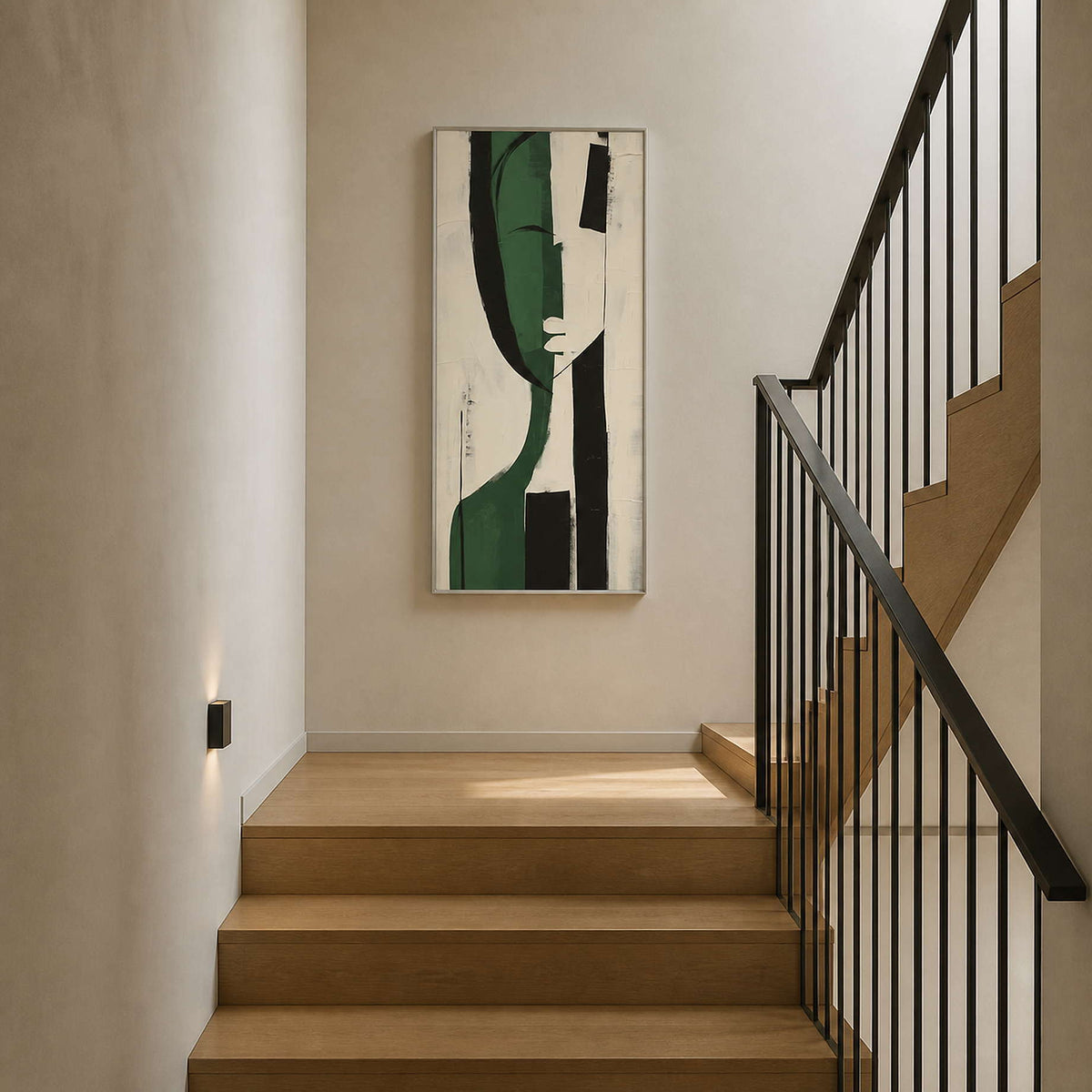 Tall green geometric canvas displayed beside a contemporary staircase.