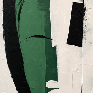 Close-up of deep green paint, black contours, and raised white texture.