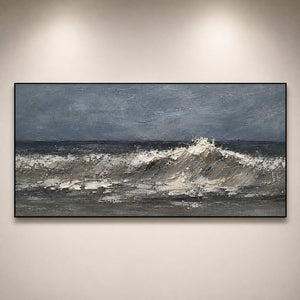 Textured monochrome seascape viewed close-up in a contemporary gallery.