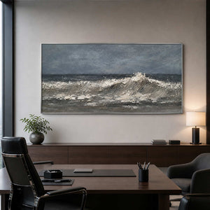 Grey textured wave painting displayed in a calm executive office.