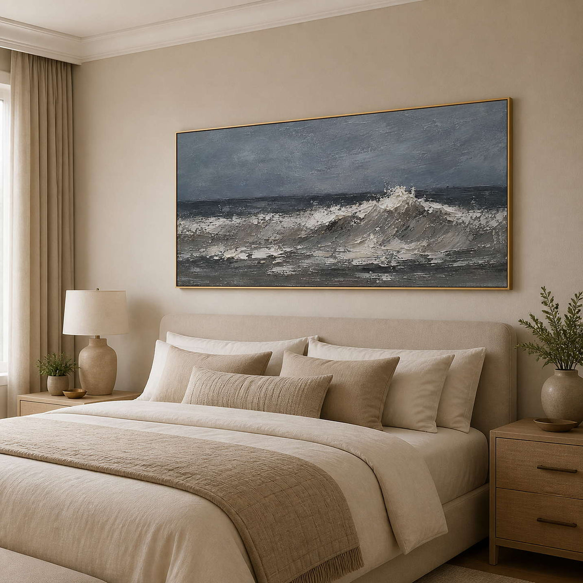 Silver and charcoal coastal wall art displayed in a luxury bedroom.