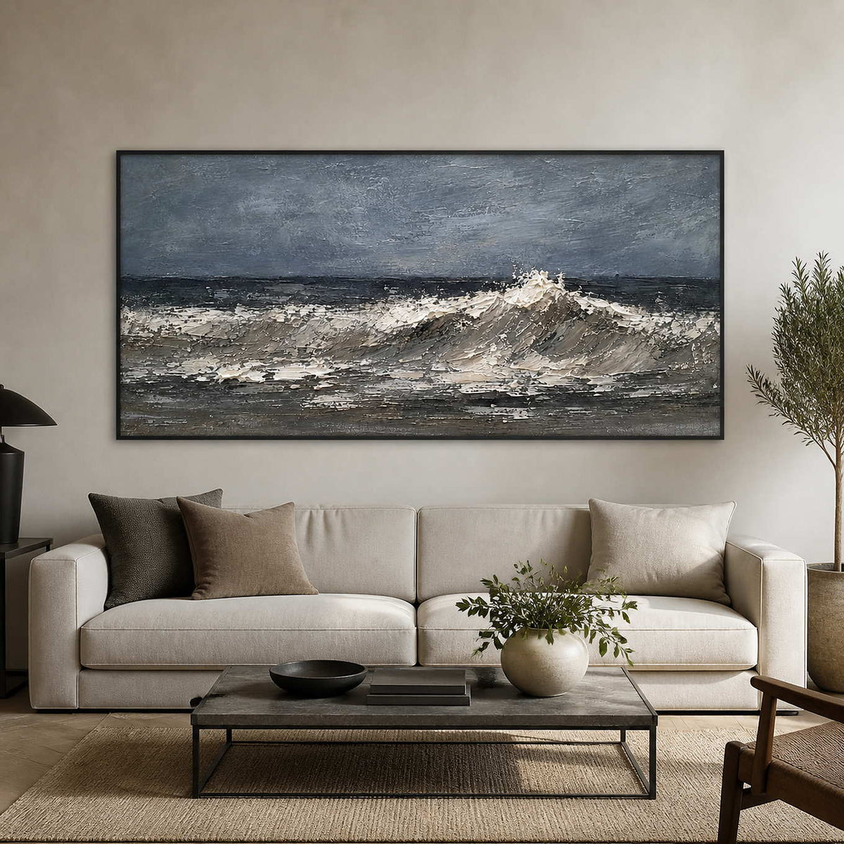Textured grey ocean wall art displayed in a modern living room.