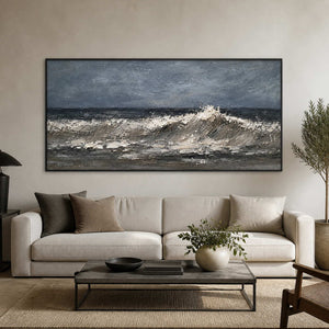 Textured grey ocean wall art displayed in a modern living room.