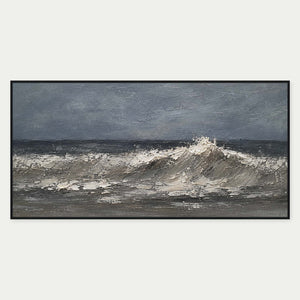 Charcoal and silver ocean wave built in sculptural palette-knife relief.
