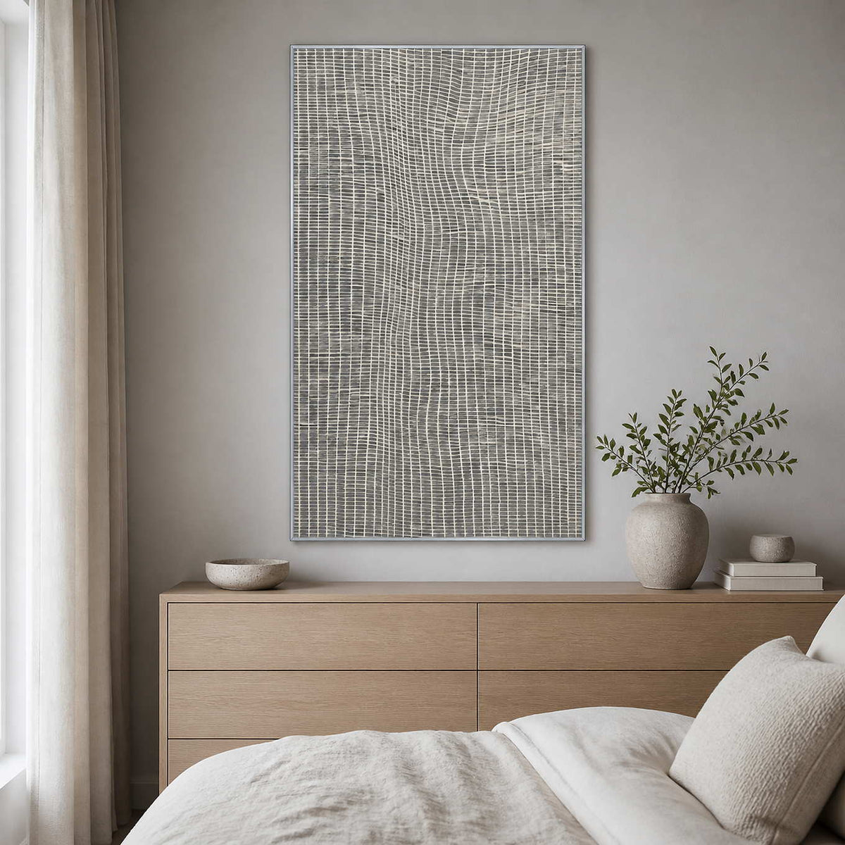 Textured grid painting displayed above a pearl-gray oak bedroom.
