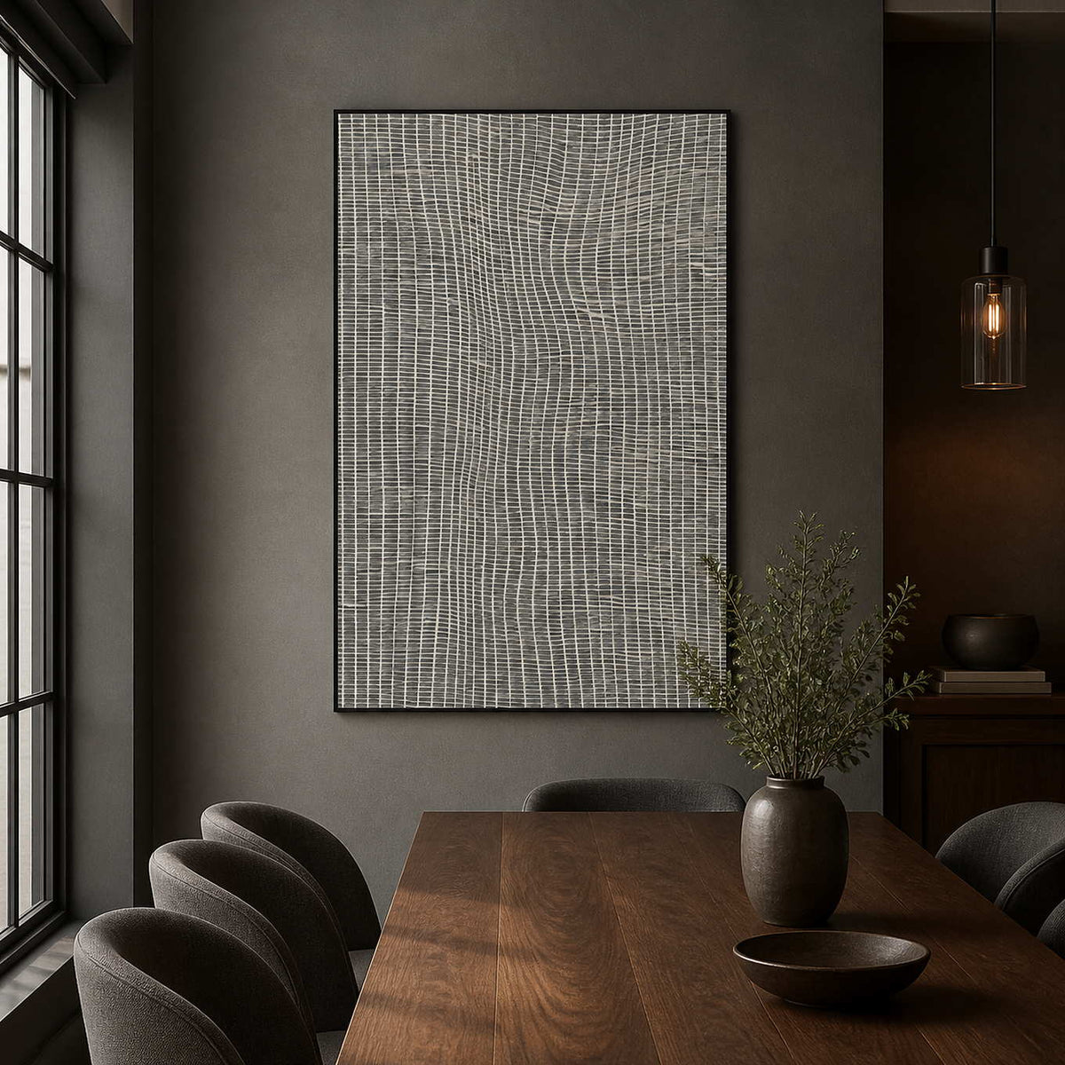 Gray geometric artwork displayed in a charcoal walnut dining room.