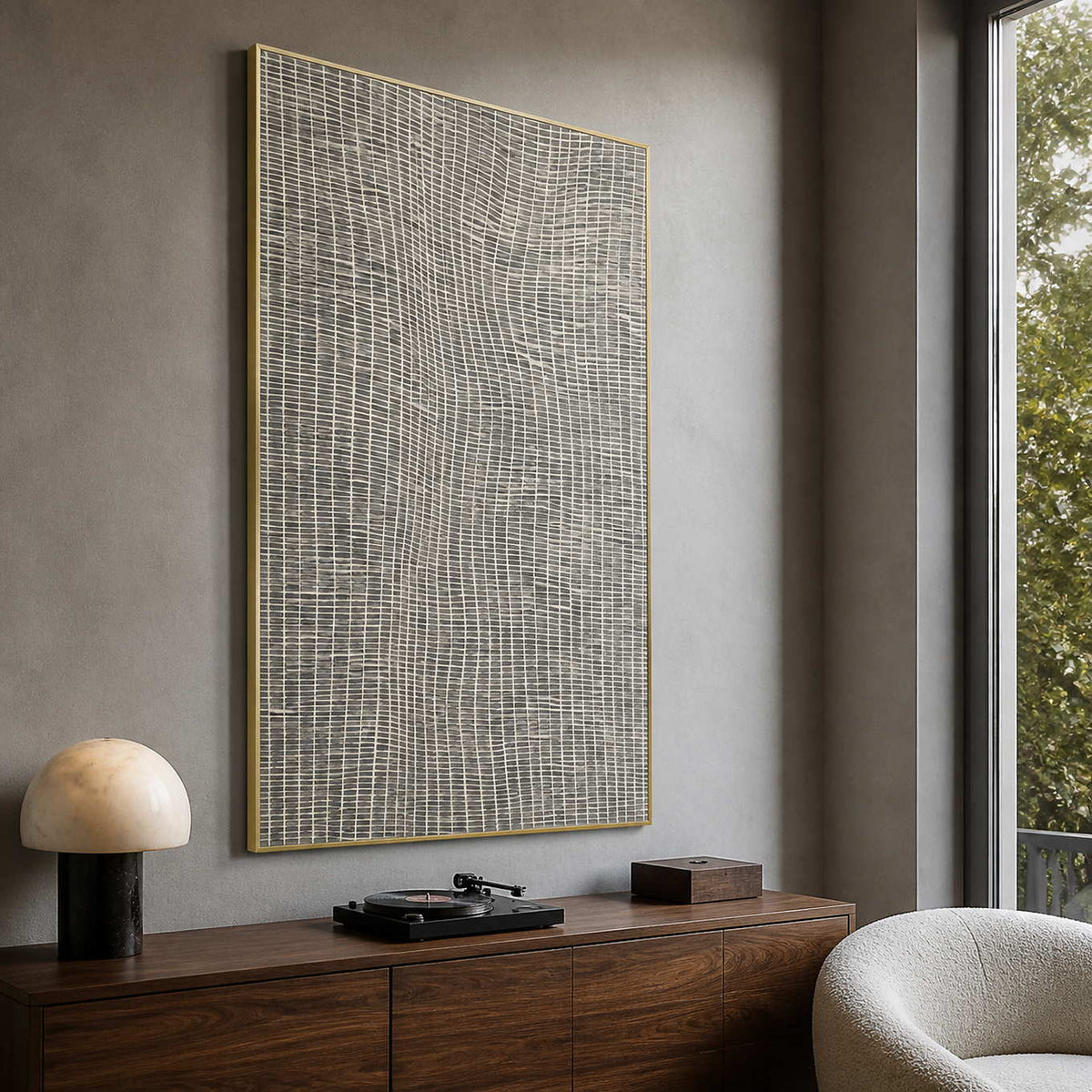 Textured geometric painting displayed in a cool gray listening room.