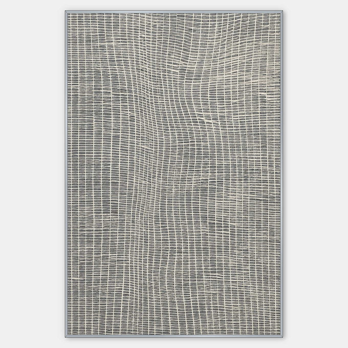 Vertical mineral-gray abstraction with a raised ivory bending grid.