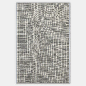 Vertical mineral-gray abstraction with a raised ivory bending grid.