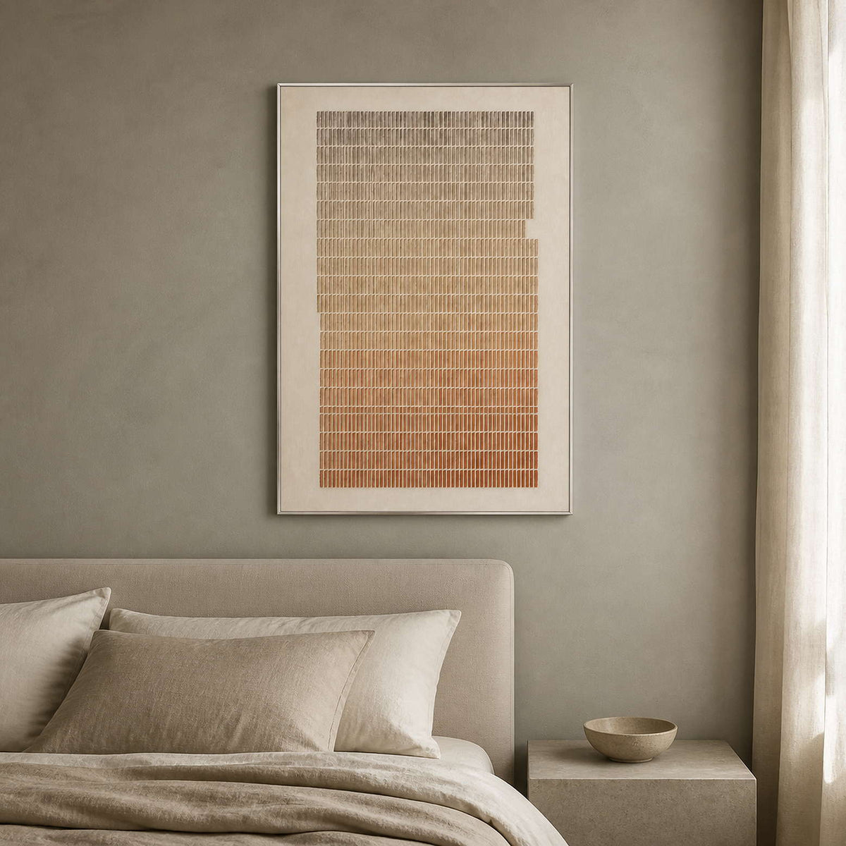 Neutral relief wall art displayed in a serene sage-gray bedroom.